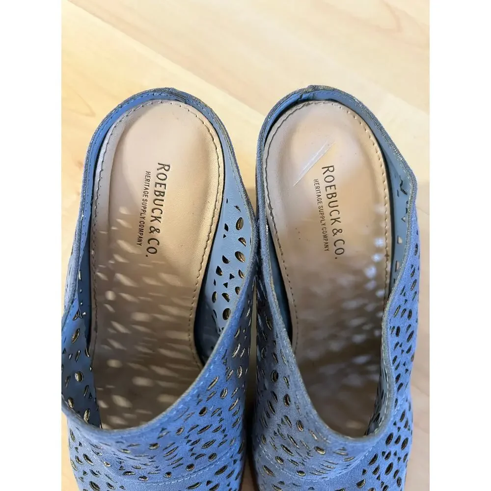 Roebuck & Co Womens Size 5.5 Blue Cutout Suede Mules Block Heel Slide Sandals
